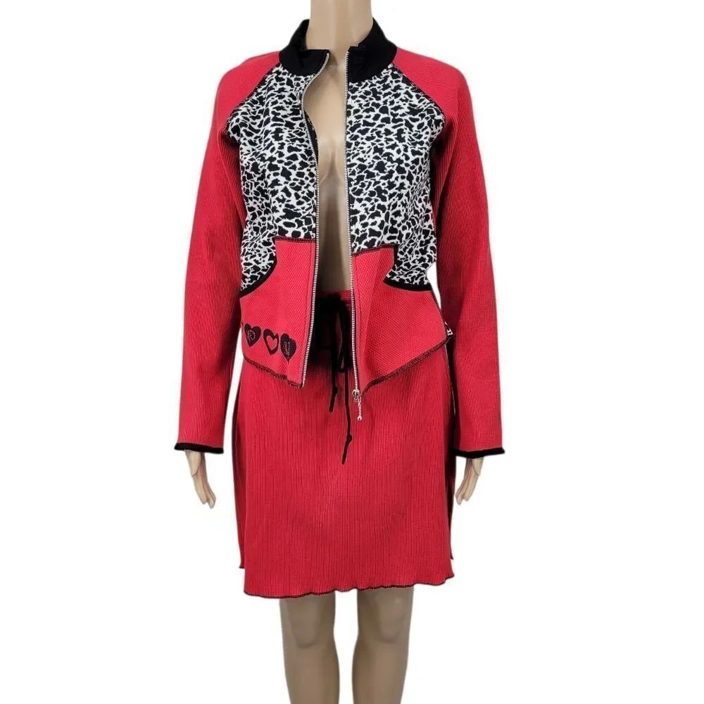 Lucky Charm Y2K Red Waffle Knit Animal Print Skirt and Jacket Matching Set